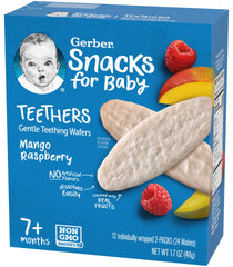 Gerber teething wafers for small fingers, age-appropriate snack.
