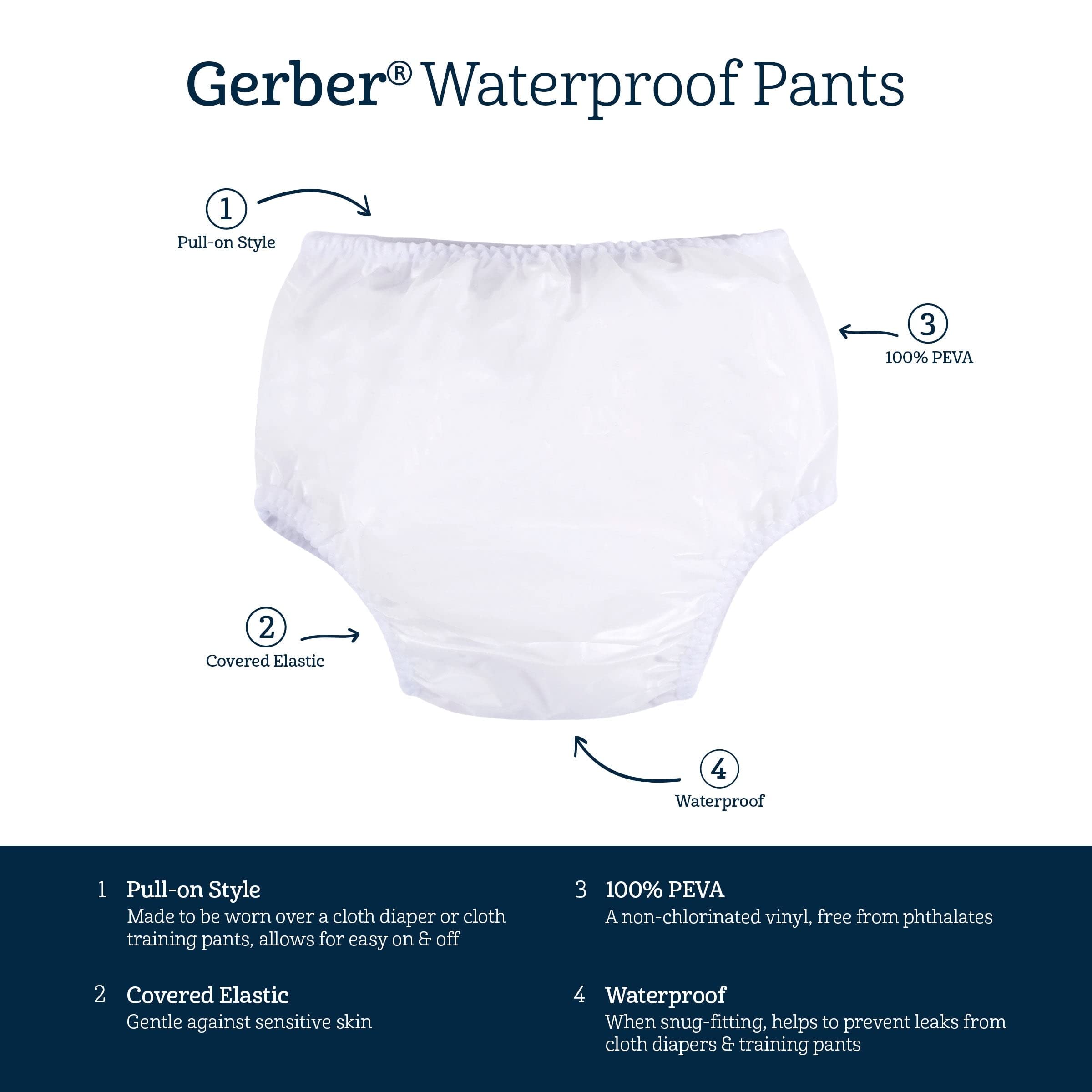 Gerber waterproof pants available from 6M to 3T sizes for growing kids