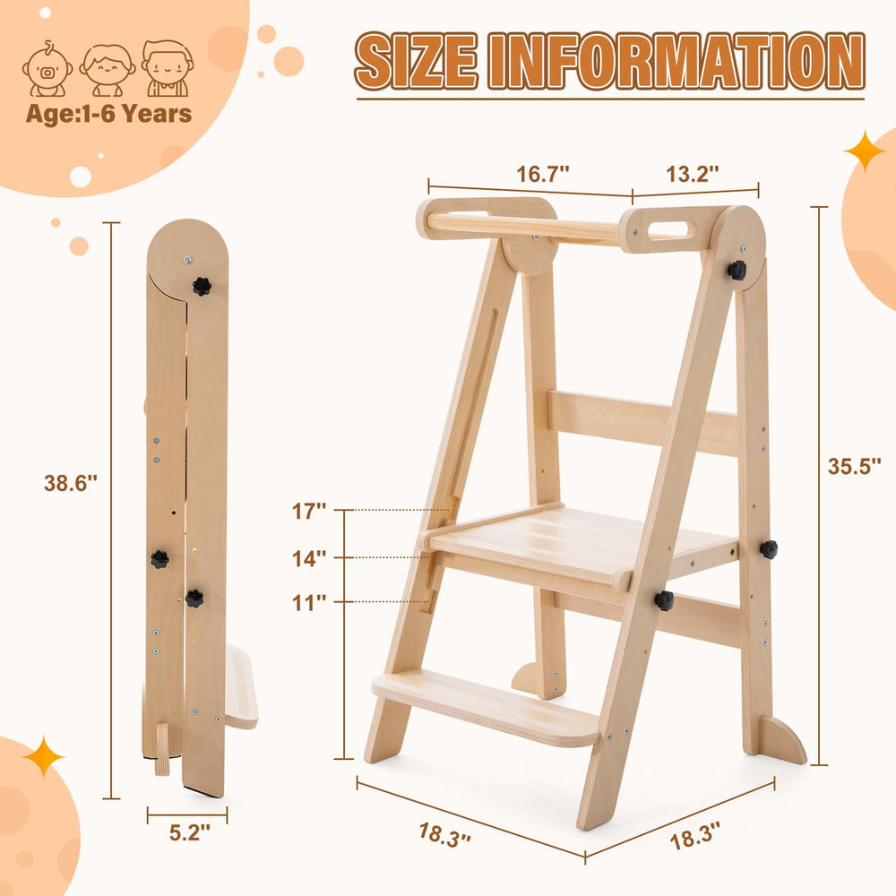 Gewitt toddler tower with safety rail fixed with plum blossom screws for secure use.