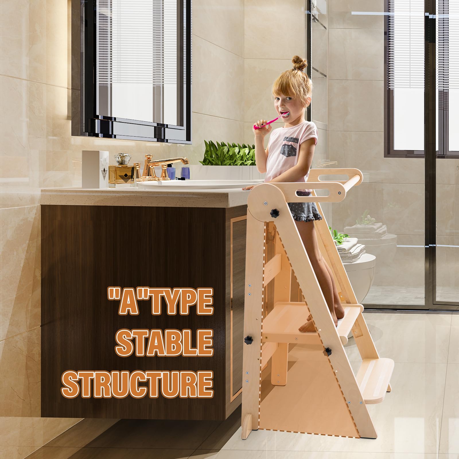Gewitt toddler tower shows 11, 14, and 18 inch height options for growing kids.