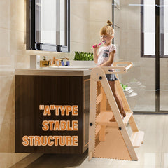 Gewitt toddler tower shows 11, 14, and 18 inch height options for growing kids.