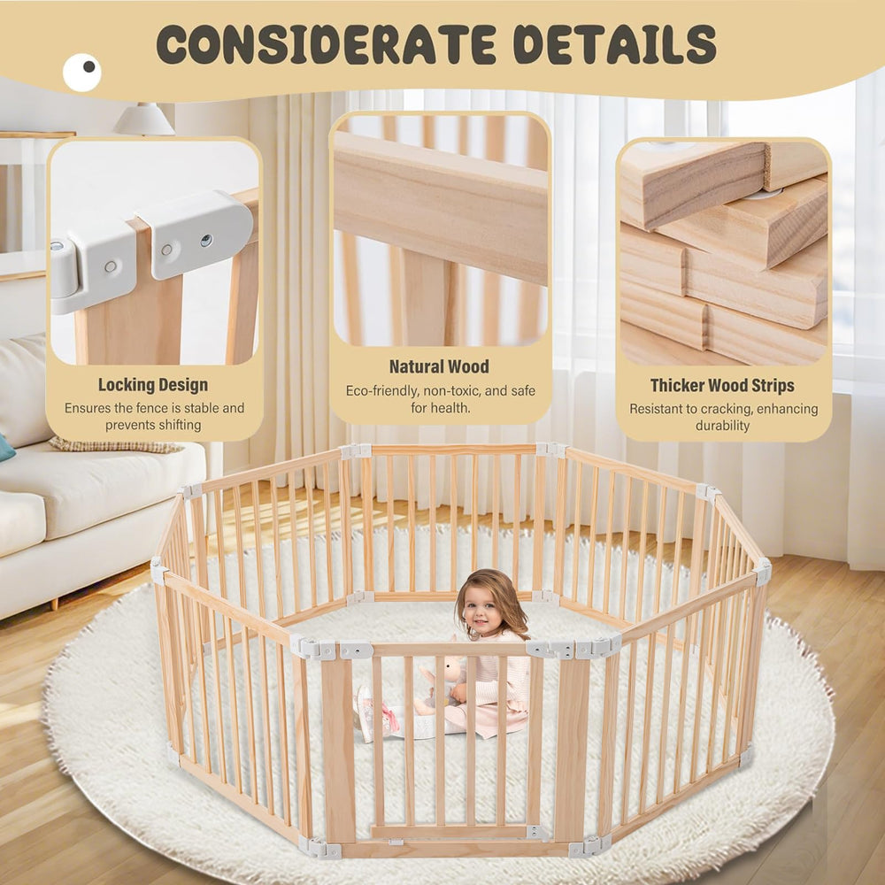 Gewitt 8-panel playpen with a locking gate shown in a cozy living room.