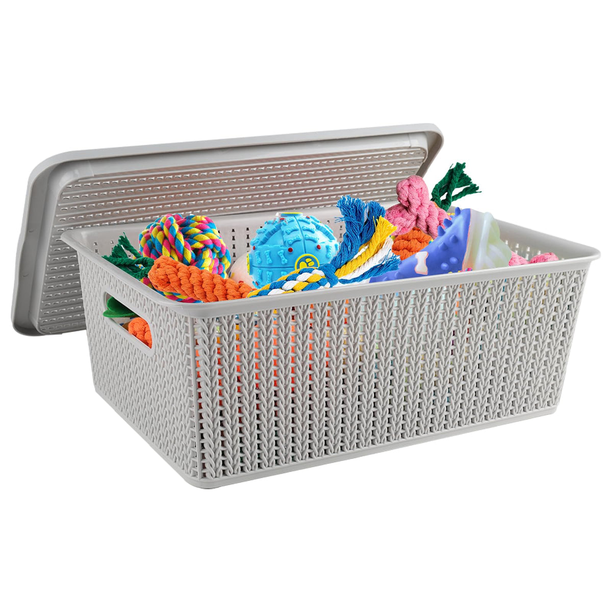 Geyecete dog toy basket with lid stackable, ideal for tidy playroom storage.
