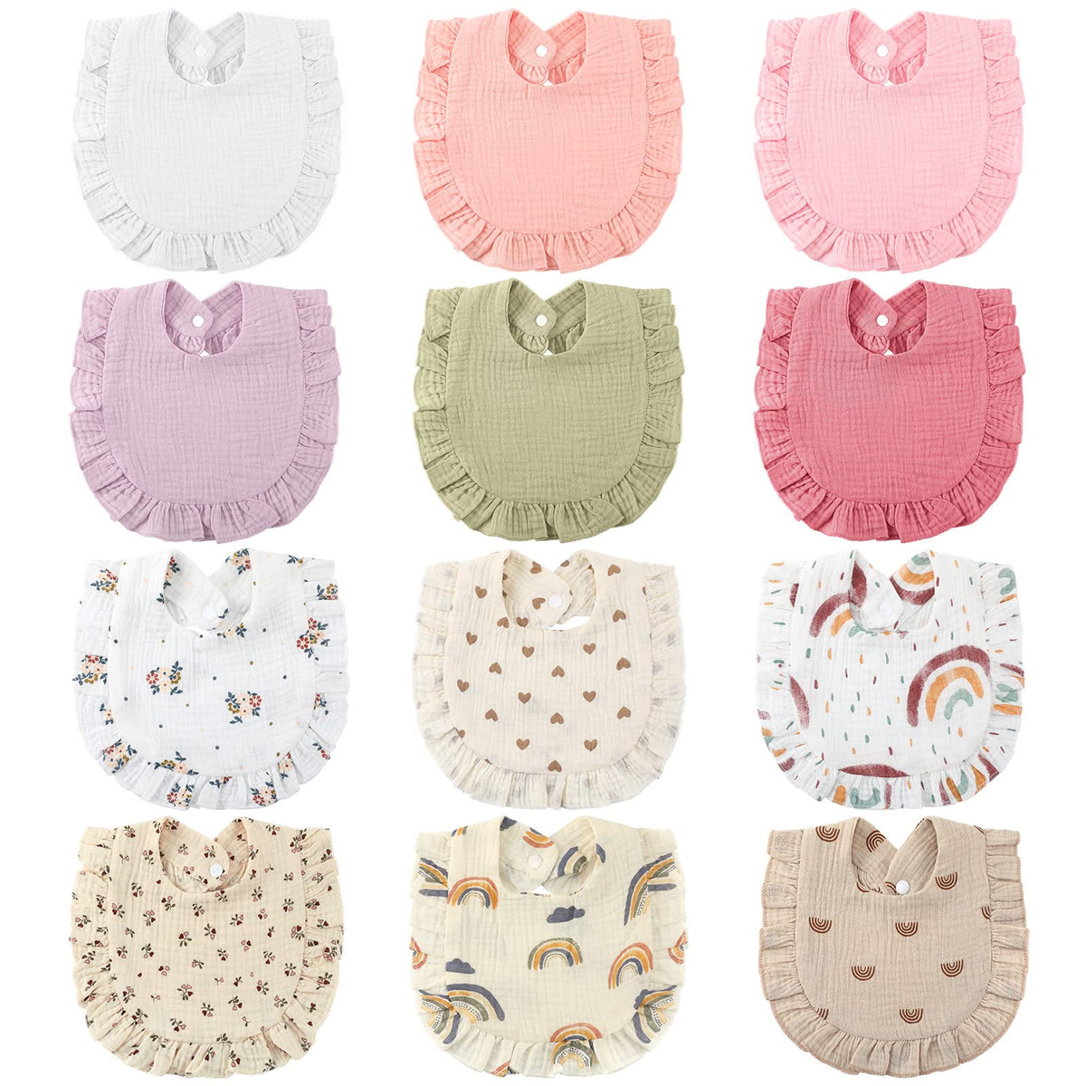 Geyoga muslin baby bibs show soft absorbency for drool and mess protection.