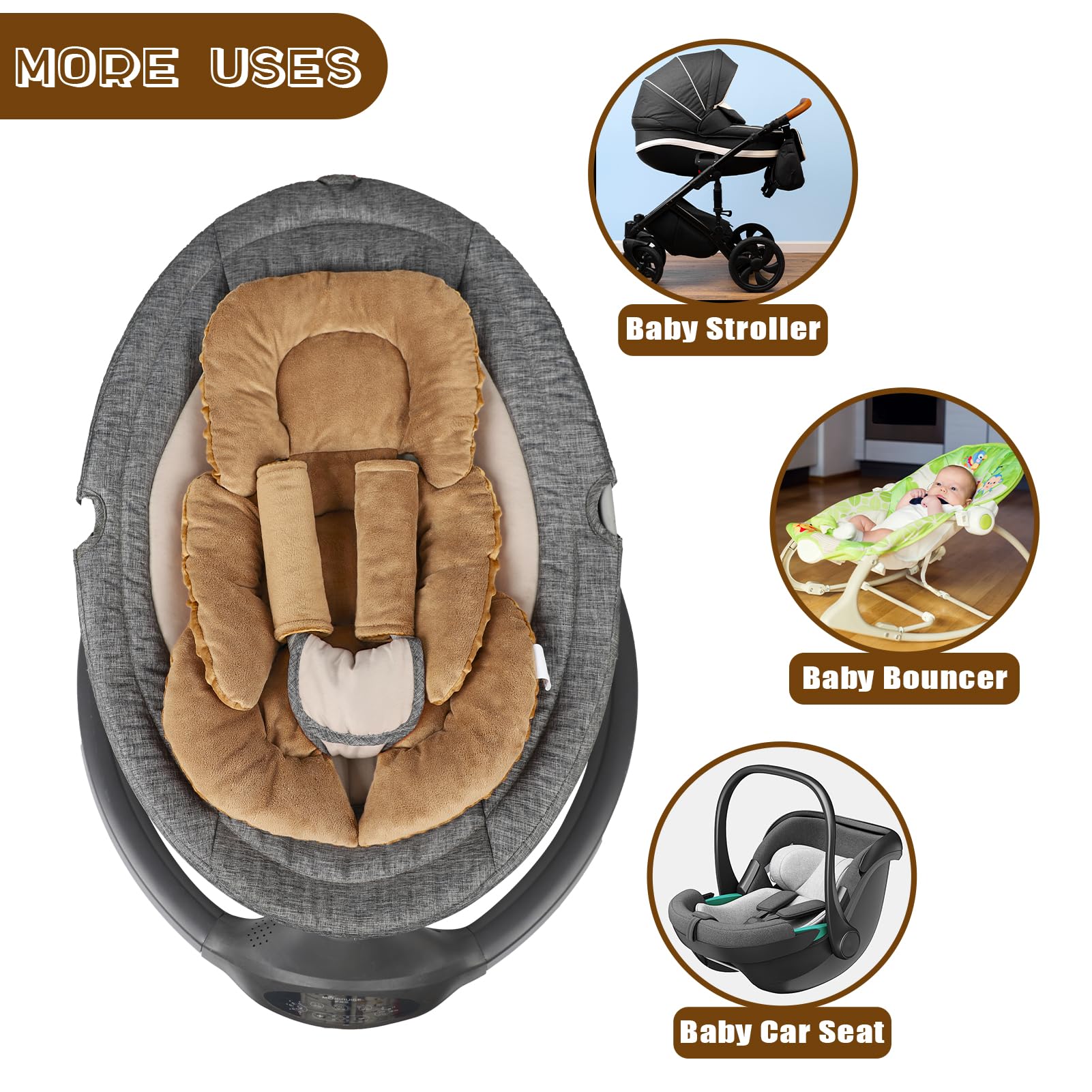GFU infant insert fits car seats, swings, and buggies with 3-point harness.