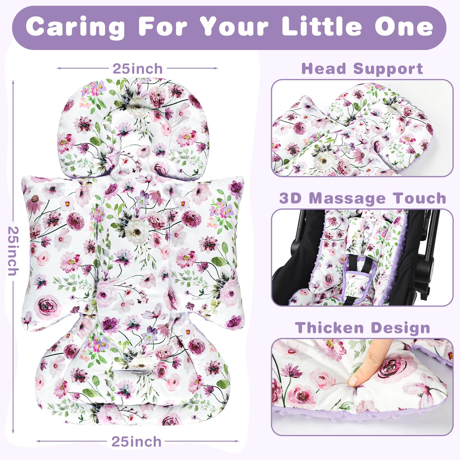 GFU car seat cushion 25x11 inches in purple flowers fits standard seats