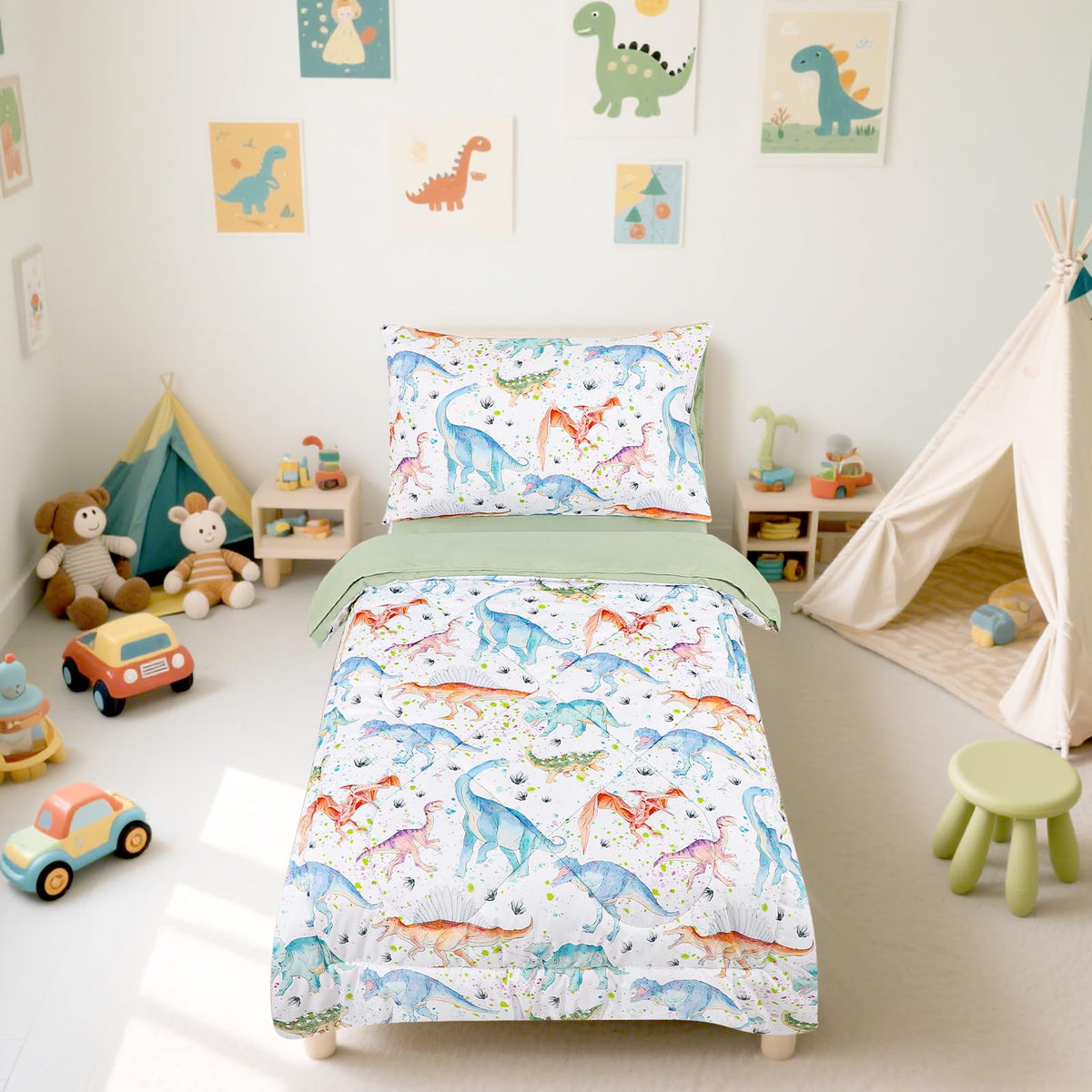 GFU dinosaur bedding reversible comforter, soft and cozy for toddler sleep.