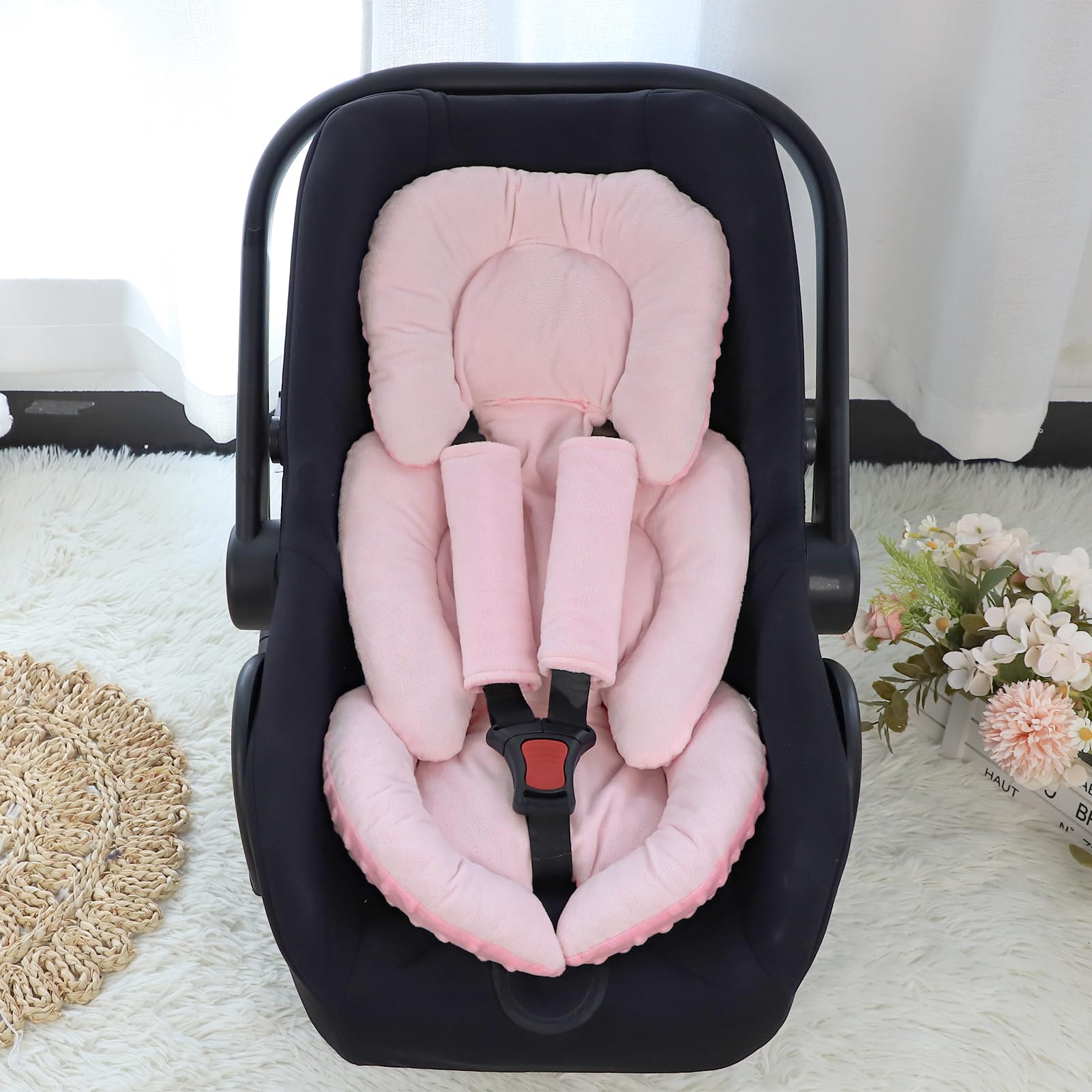 GFU infant seat insert soft plush padding adds cozy comfort during travel.