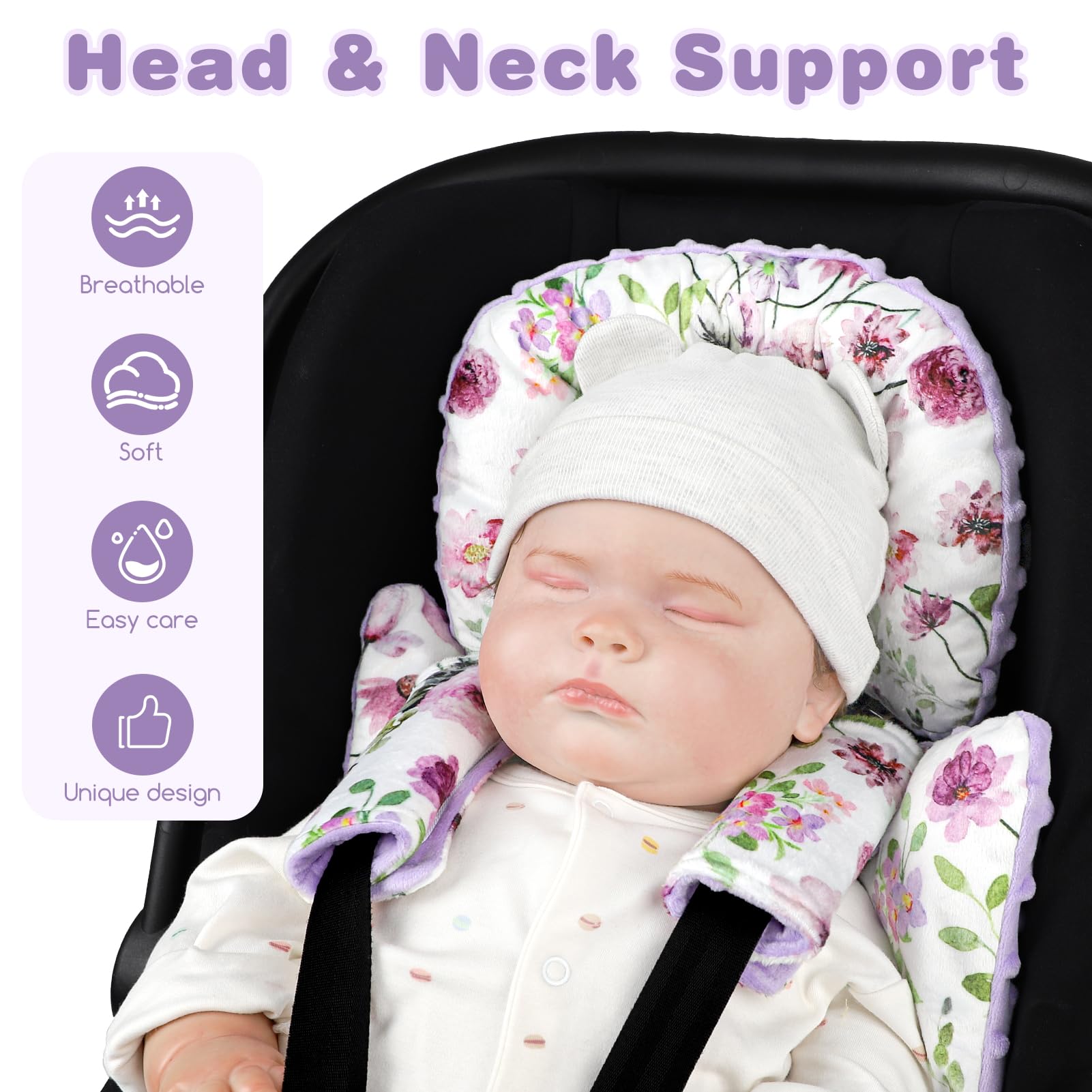GFU shoulder strap covers in purple flowers protecting delicate skin