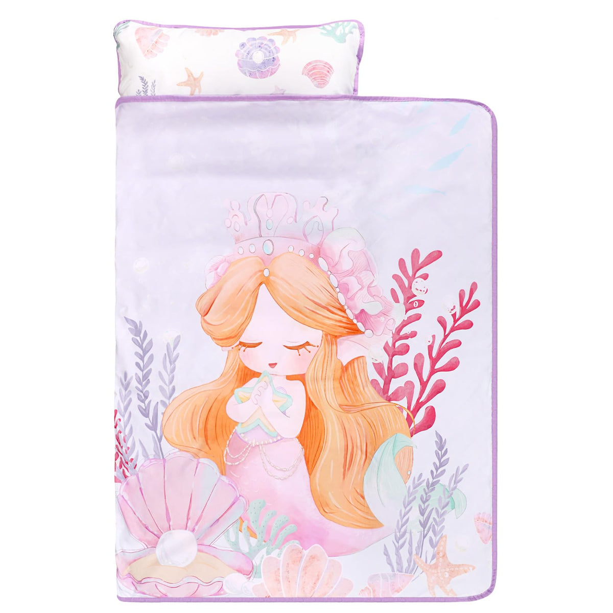 GFU toddler nap mat folded with purple mermaid design for travel