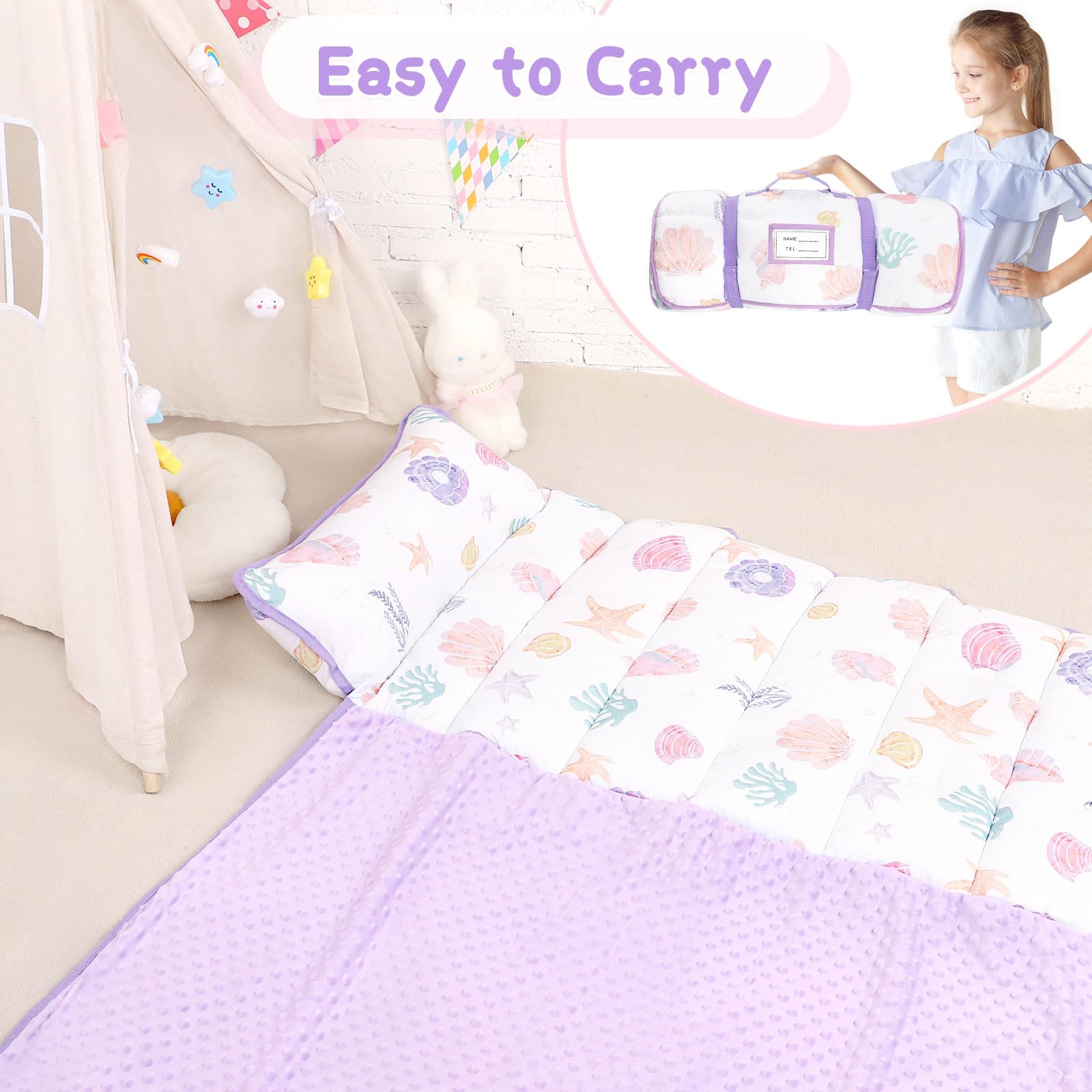 GFU nap mat unrolled with soft dot Minky blanket for comfy naps