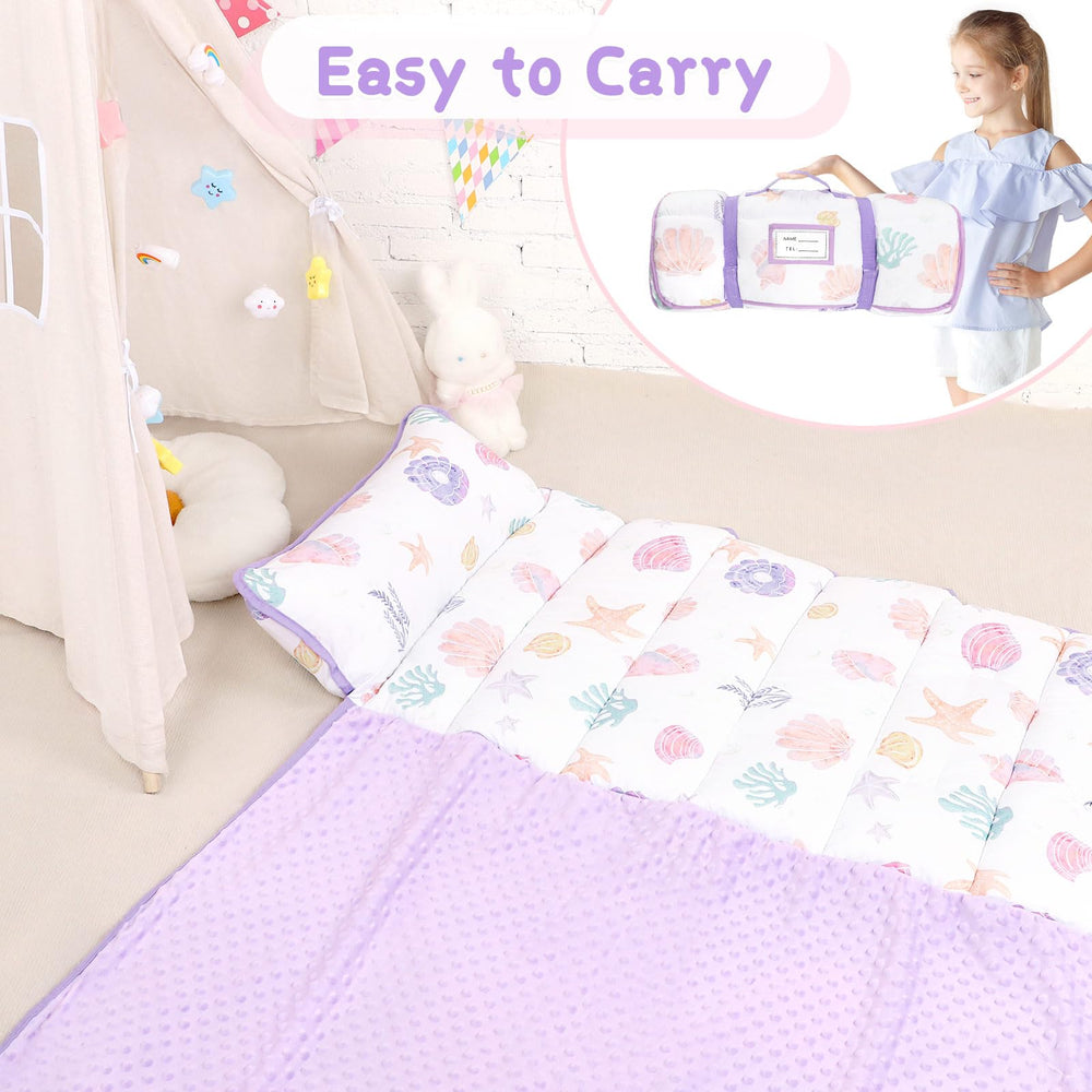 GFU nap mat unrolled with soft dot Minky blanket for comfy naps