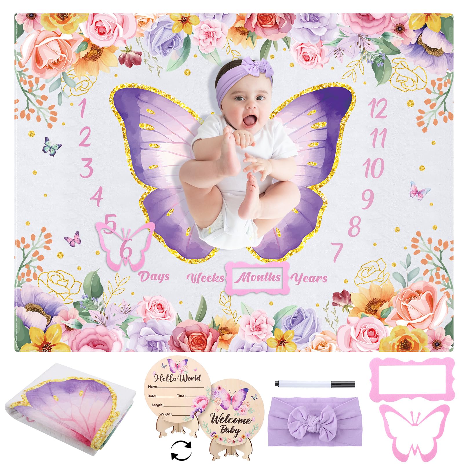 GGSTDDUP butterfly milestone blanket laid out for a photo session and memory creation.