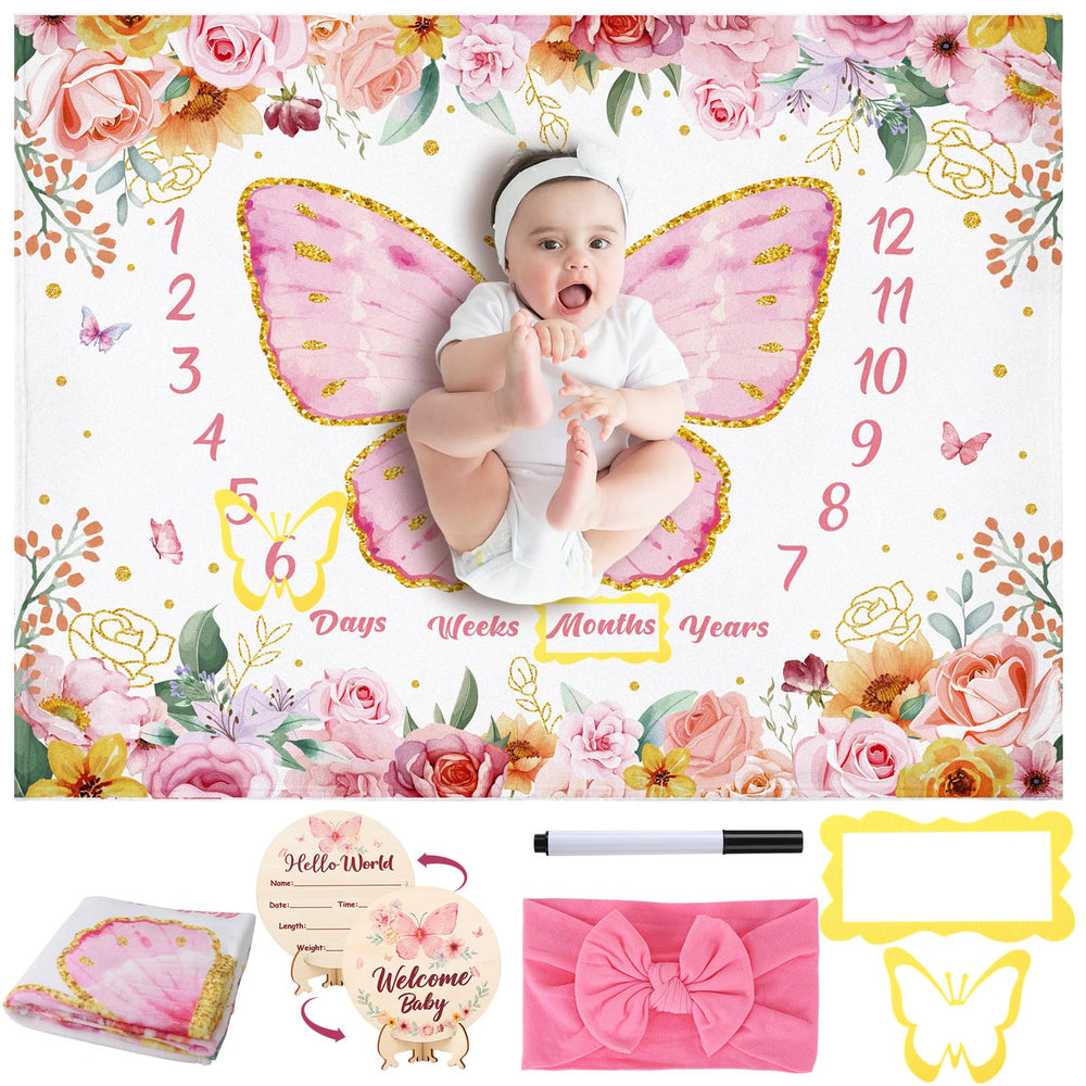 GGSTDDUP butterfly milestone blanket laid flat for memorable newborn photos