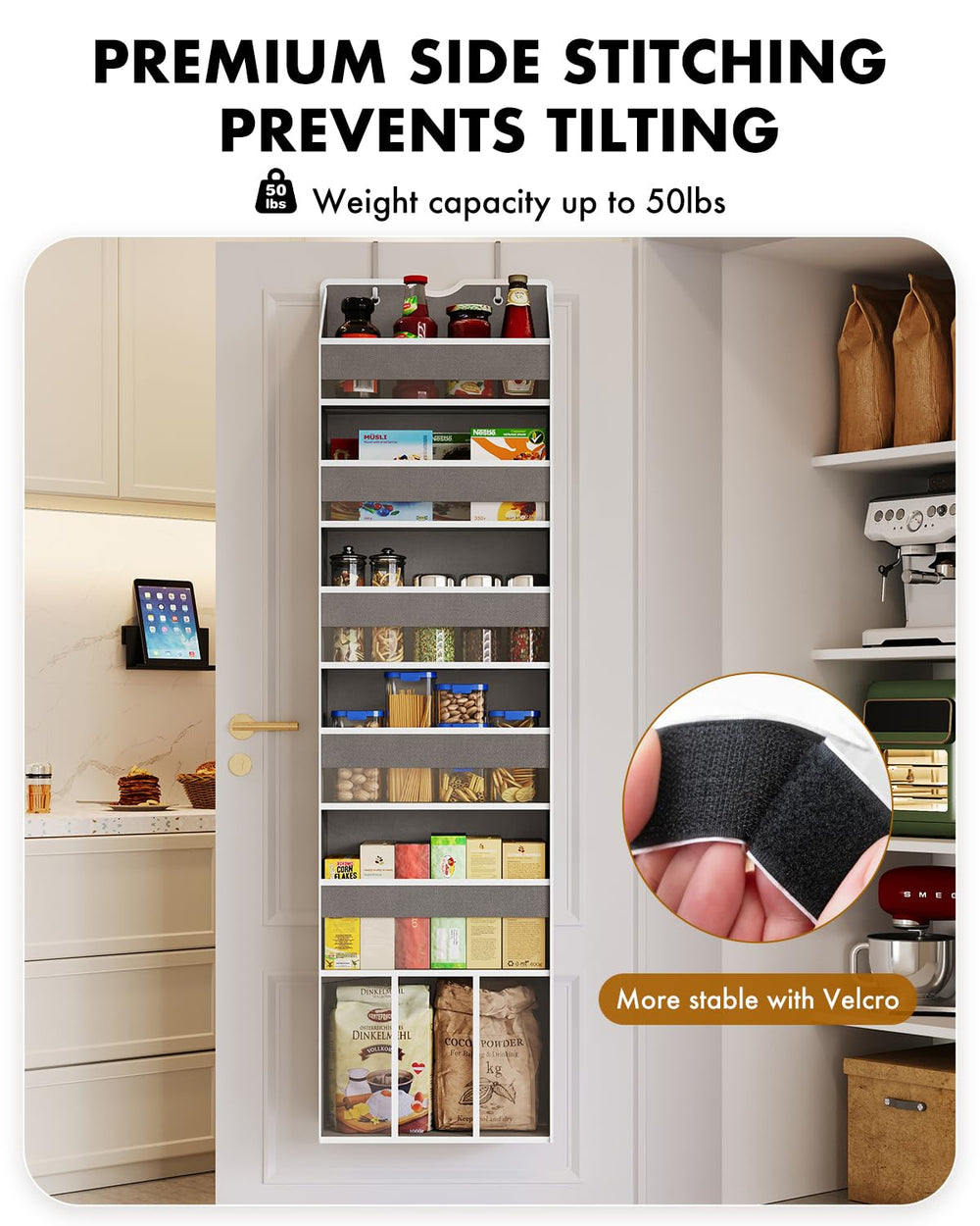 Two adjustable metal hooks fit standard doors for convenient setup