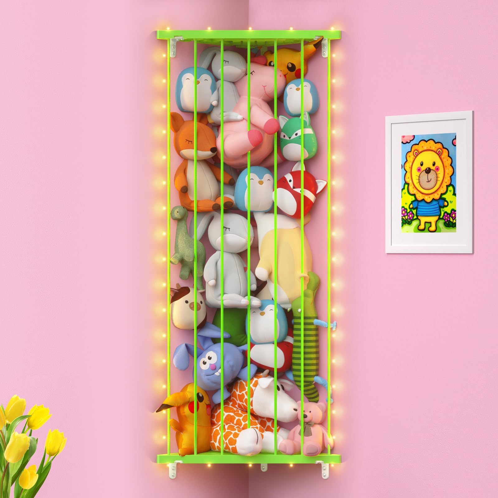 GGUO corner stuffed animal storage net with light display for tidy, decorative storage