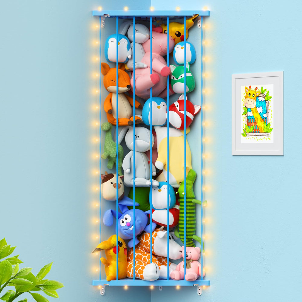 GGUO corner stuffed animal storage net with lights keeps plush toys organized and accessible.