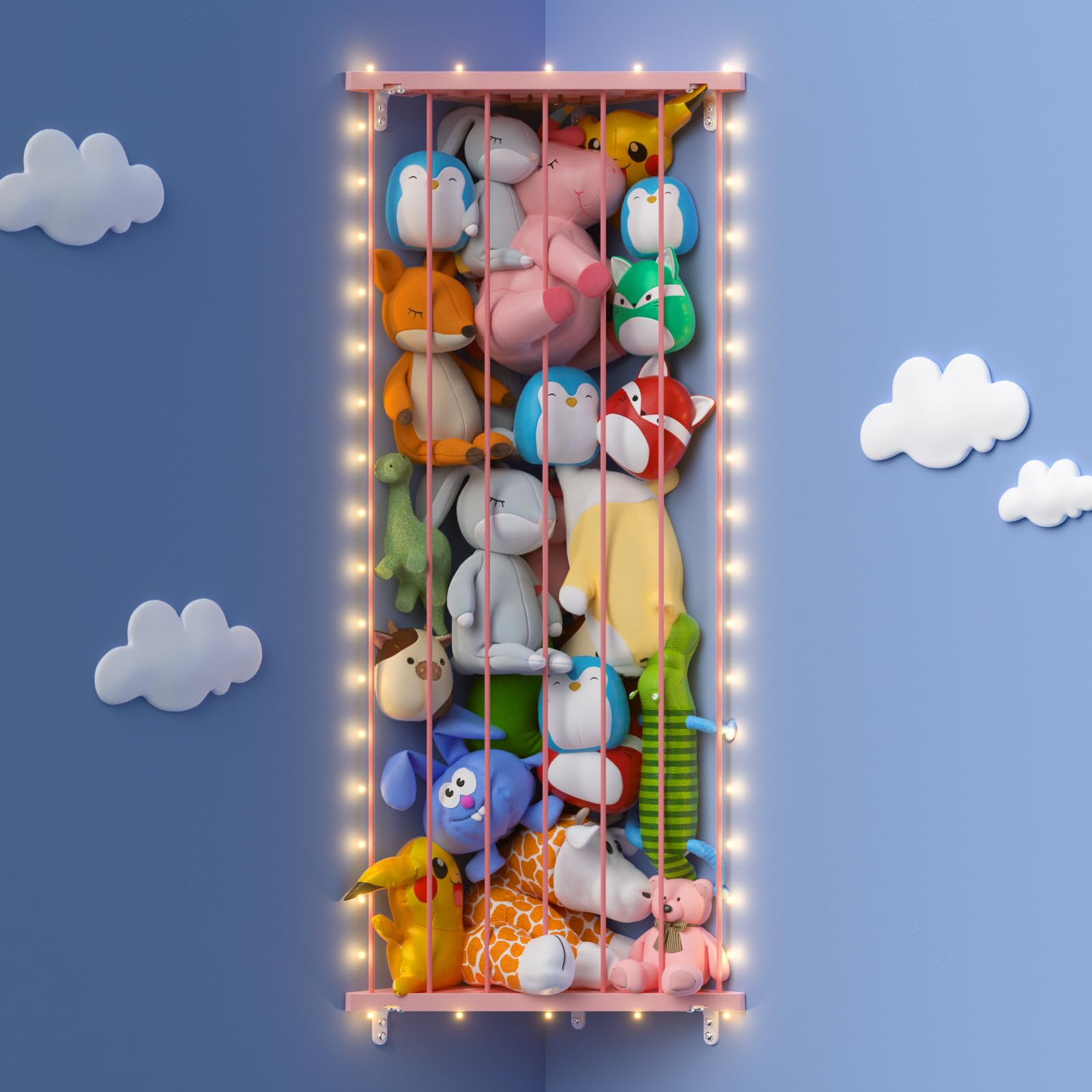 GGUO corner stuffed animal storage net with lights stores plush toys neatly in a corner