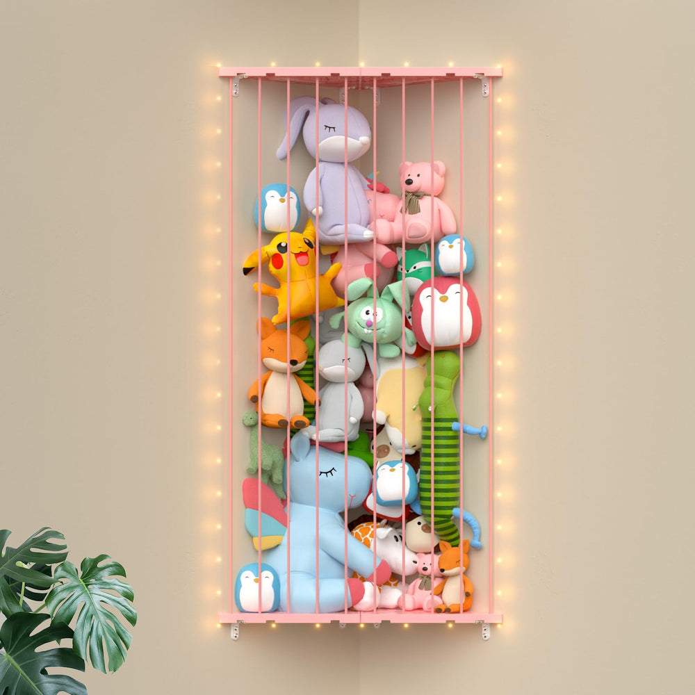 GGUO corner stuffed animal storage net in pink neatly organizing plush toys