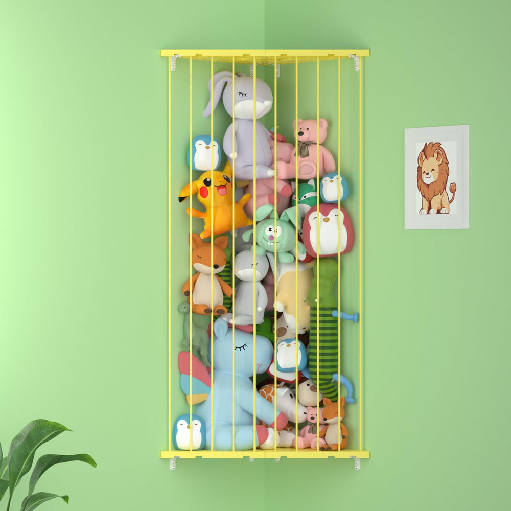 GGUO corner stuffed animal storage net holds plush toys neatly in wall corner.