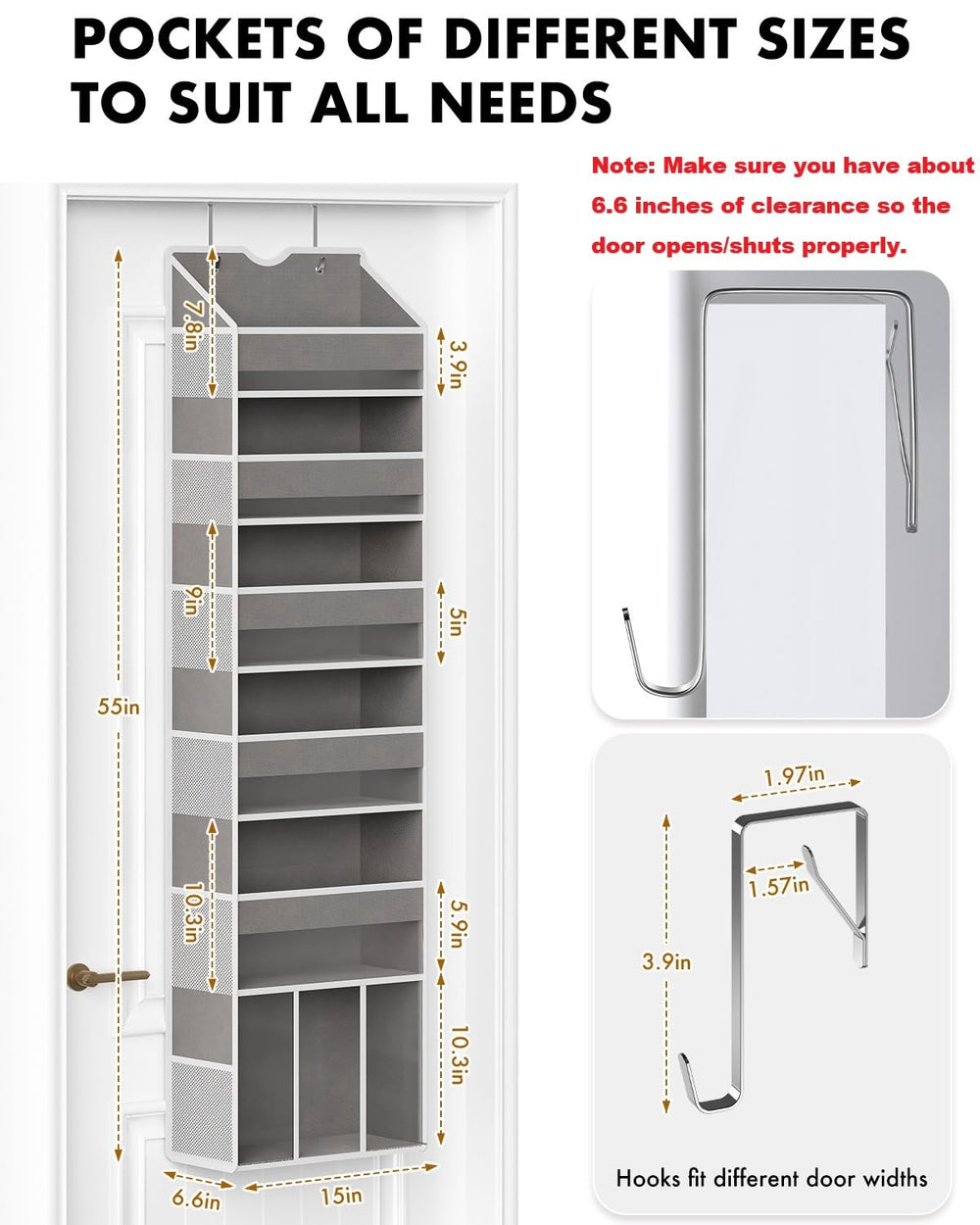 GGUO door storage showing 12 mesh side pockets for small items