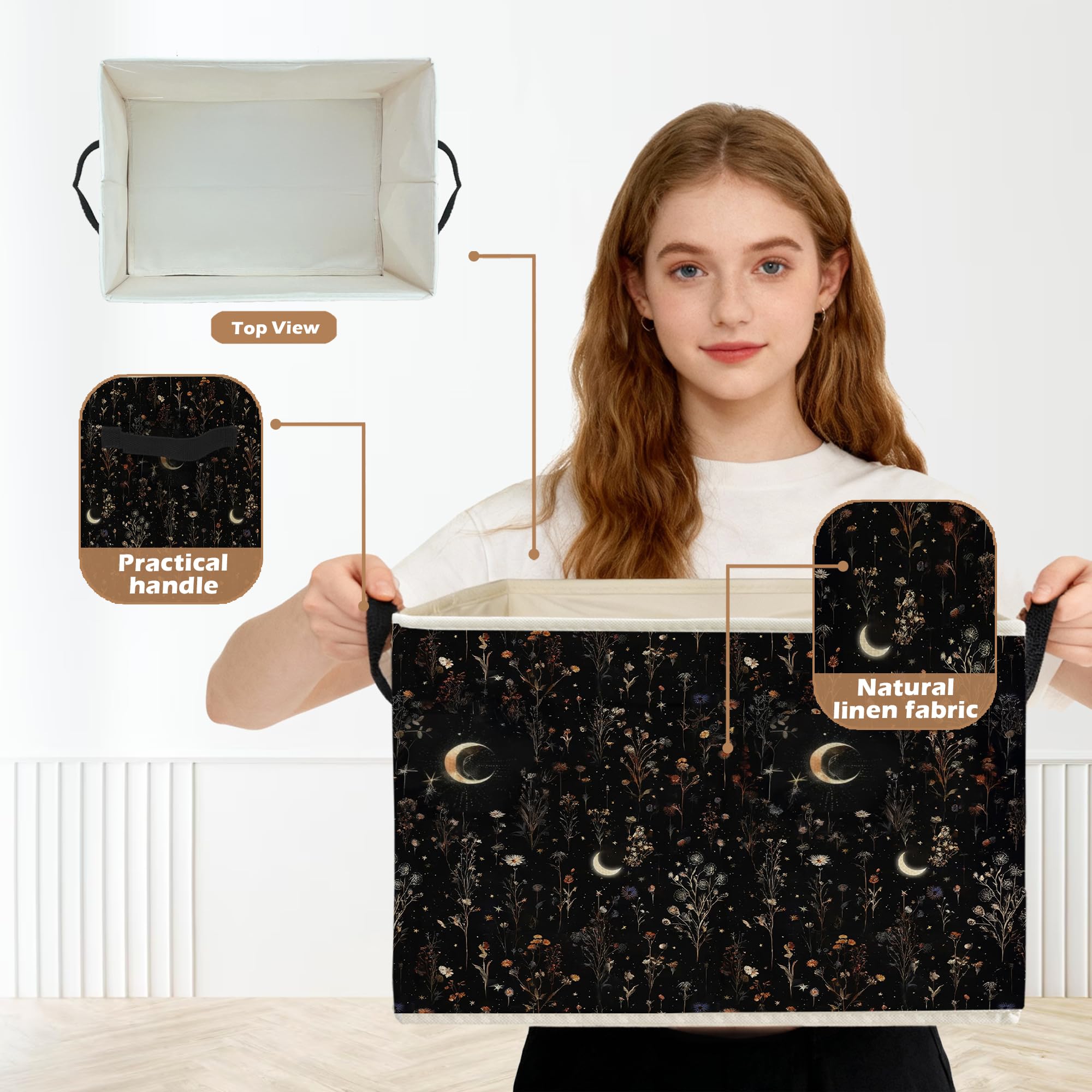 Ghoaoivo mystical wildflower pattern bin open, perfect for toy and book storage.