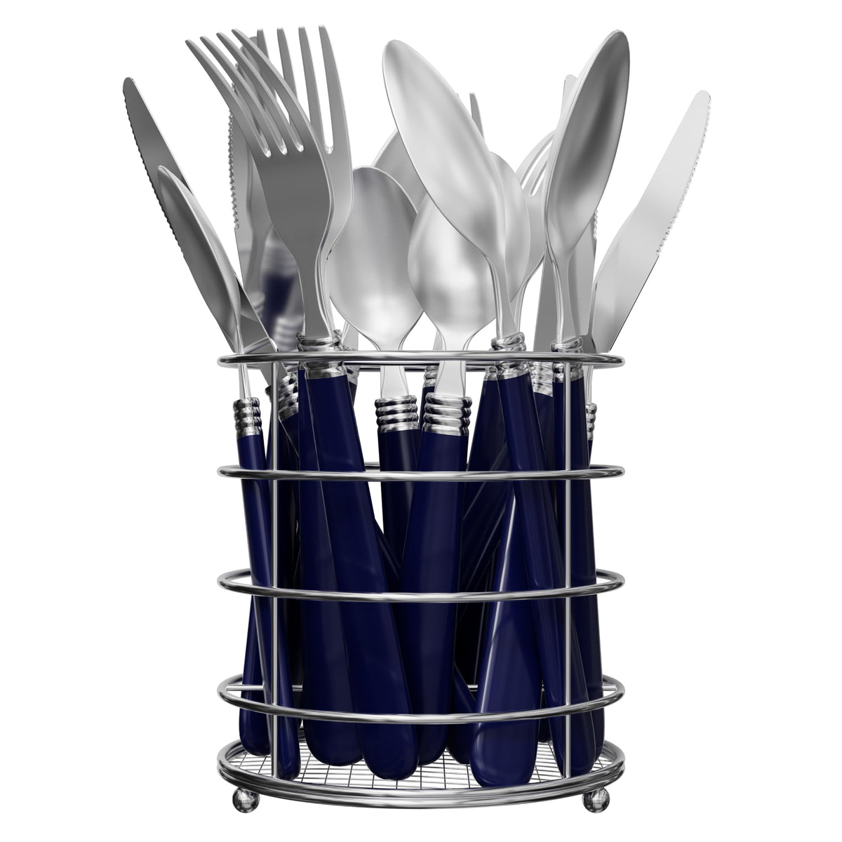 Gibson Sensations 16-piece flatware with blue wire caddy for organized dining