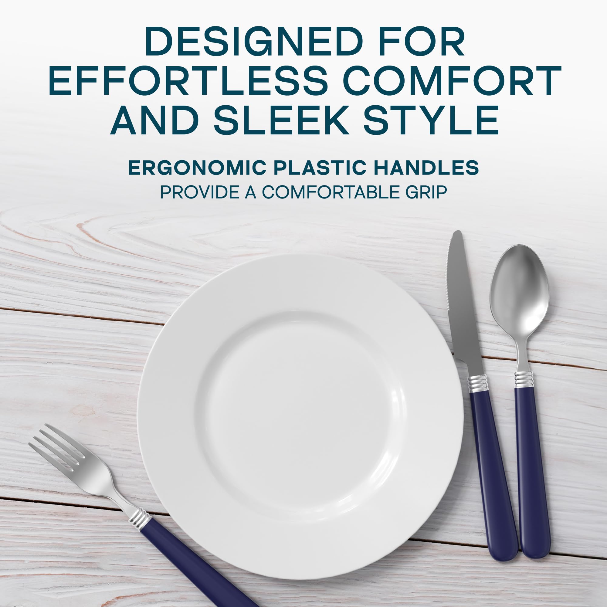 Gibson Sensations cobalt-handled flatware close-up, showcasing durable stainless steel