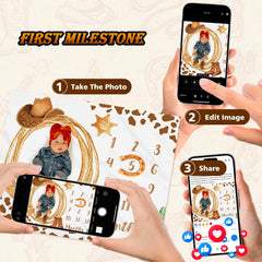 Gicoherero Cowboy Milestone Blanket month-3 scene highlights progress with Western cow print