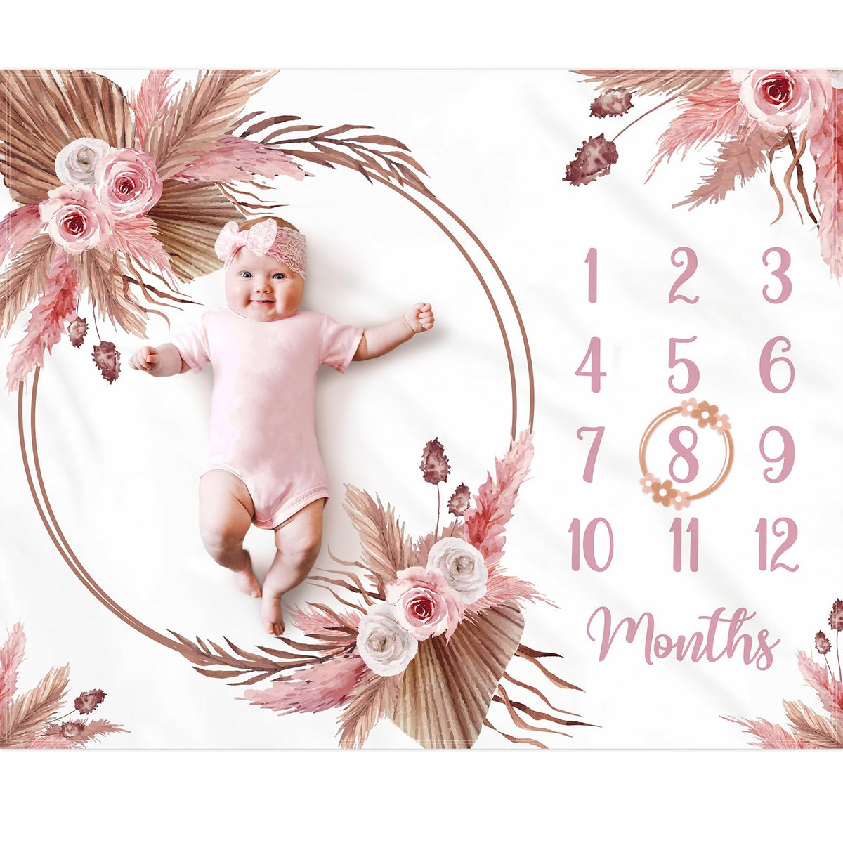 Gicoherero floral boho monthly blanket with wreath frame for baby milestone photos.