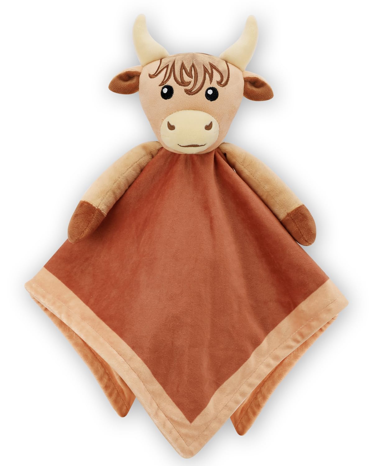 Gicoherero Highland Cow Lovey blanket closeup showing soft plush fabric ideal for soothing babies.