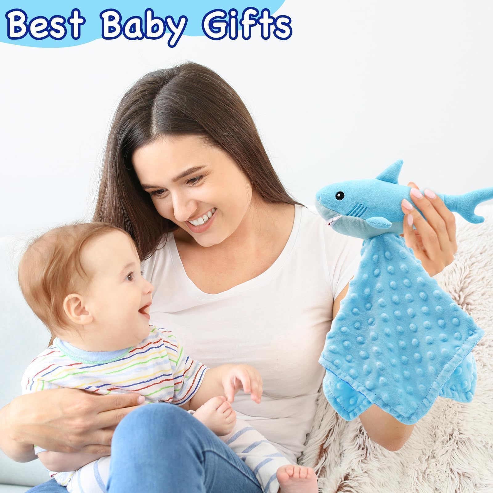 Shark blanket in stroller or car seat for travel comfort.
