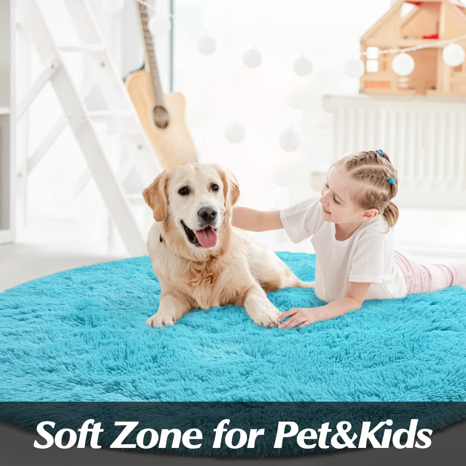 Gifeas round blue rug adds color and plush comfort to nursery space