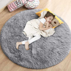 Gifeas grey fluffy circle rug in 4x4 ft, plush texture for cozy bedside areas.