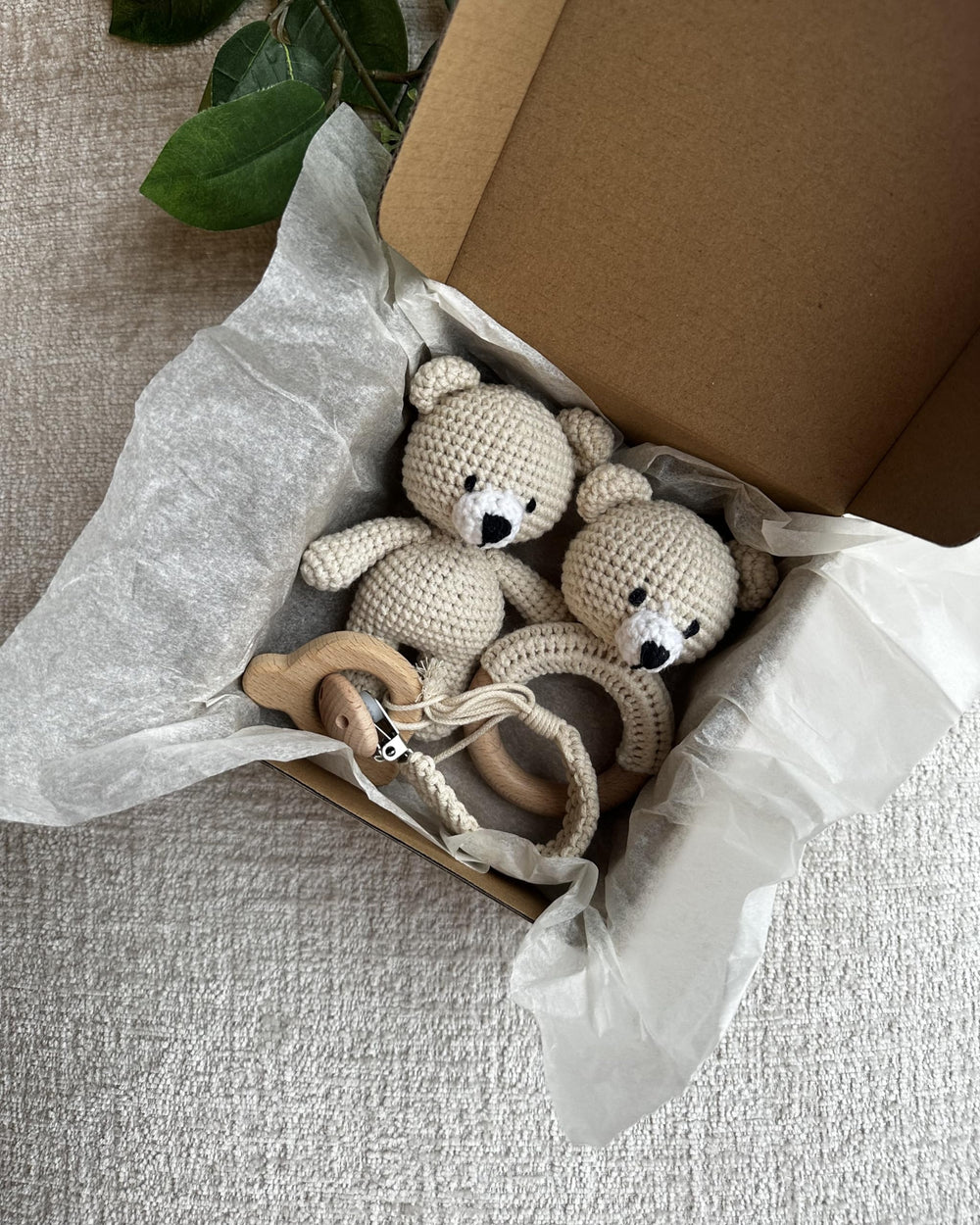 Organic Cotton Handmade Crochet Bear Rattle gift box packaging