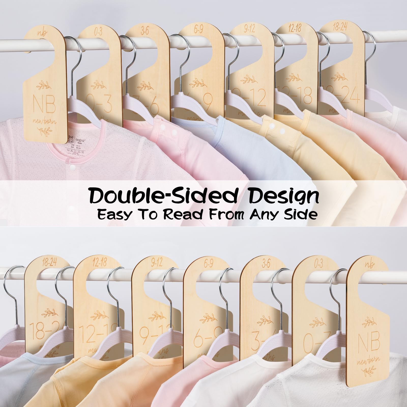 Giftacity baby closet dividers on a rack illustrating organized wardrobe layout