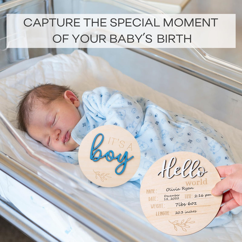 Giftacity Hello World birth sign in premium wood for newborn announcements.