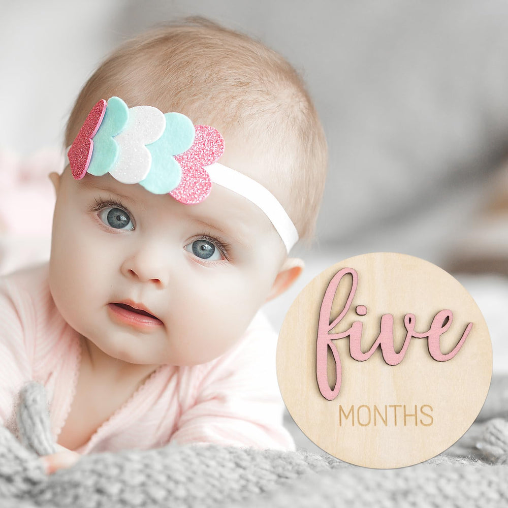 Giftacity milestone disc 5 month pink durable wood for repeated shoots