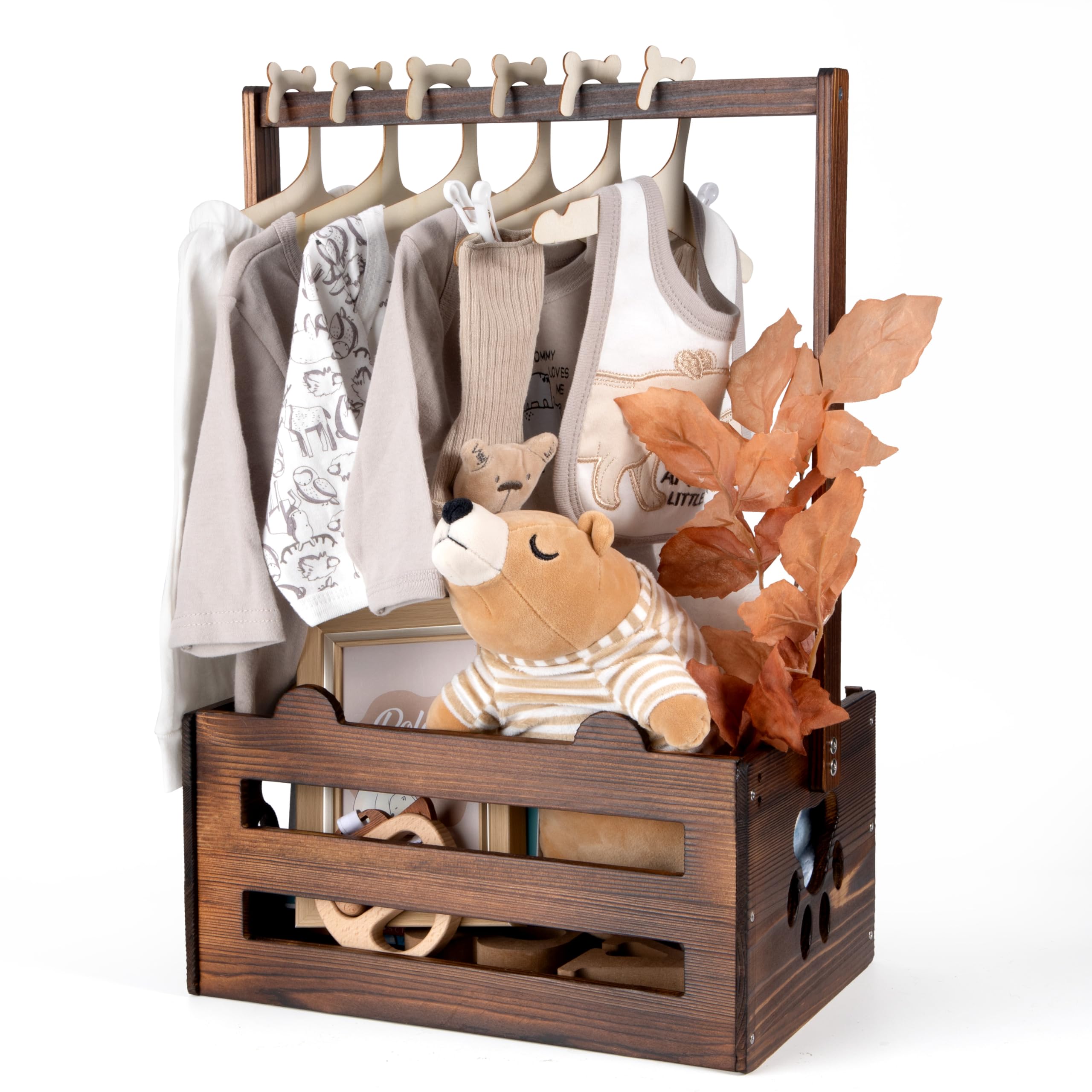 GiftAmaz brown wooden baby shower crate with handle for easy display.