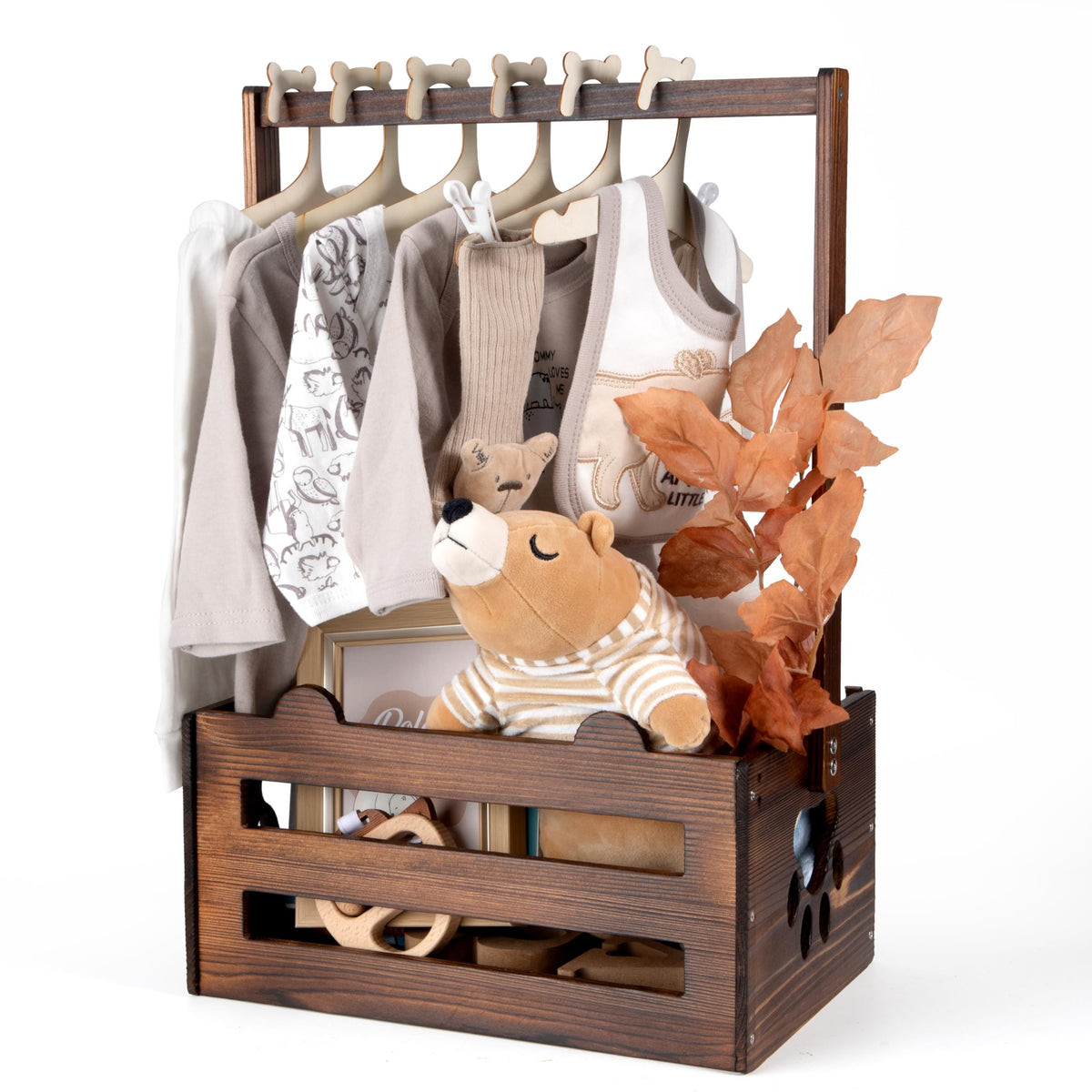 GiftAmaz brown wooden baby shower crate with handle for easy display.