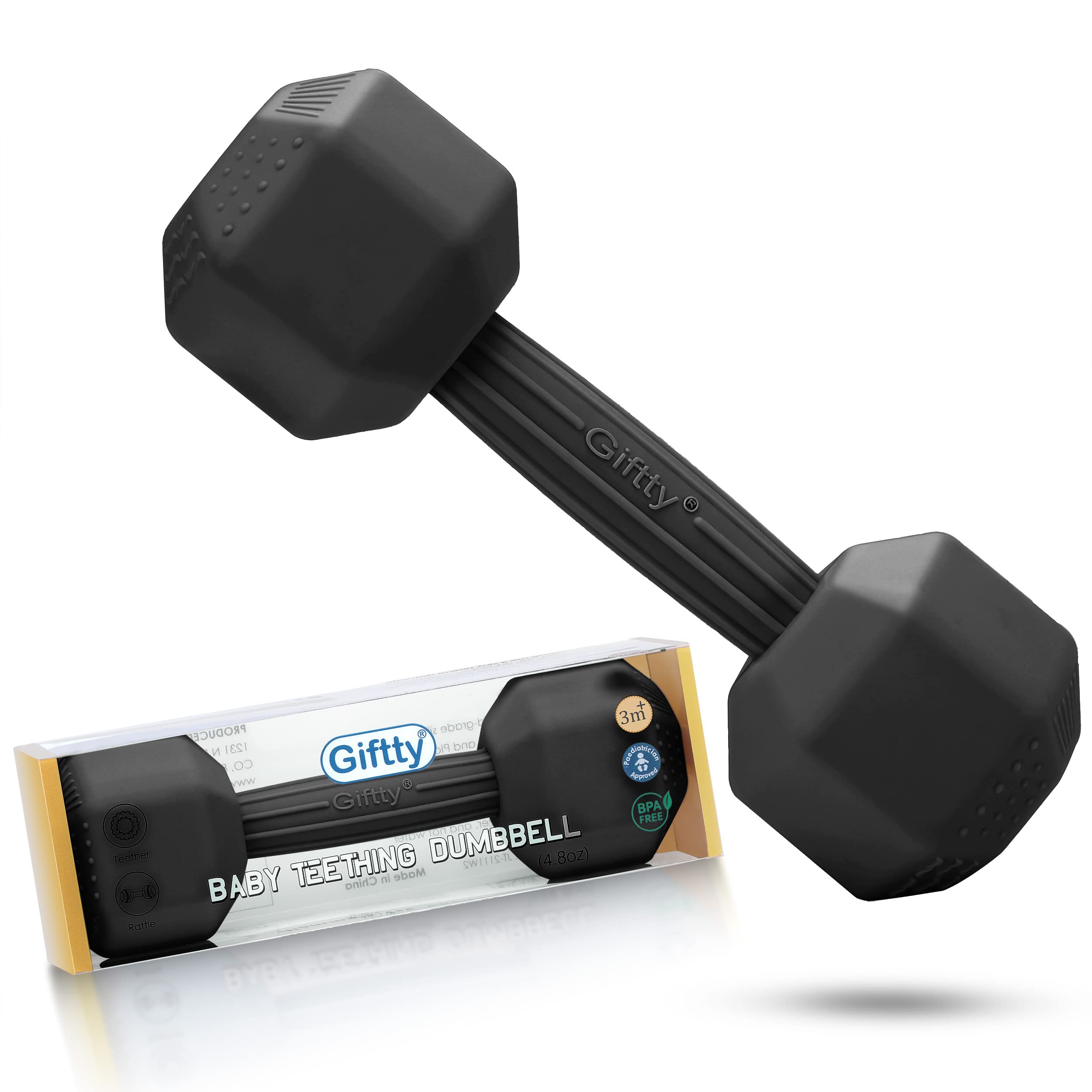 Giftty baby dumbbell teether in soft silicone for soothing gums and safe chewing.