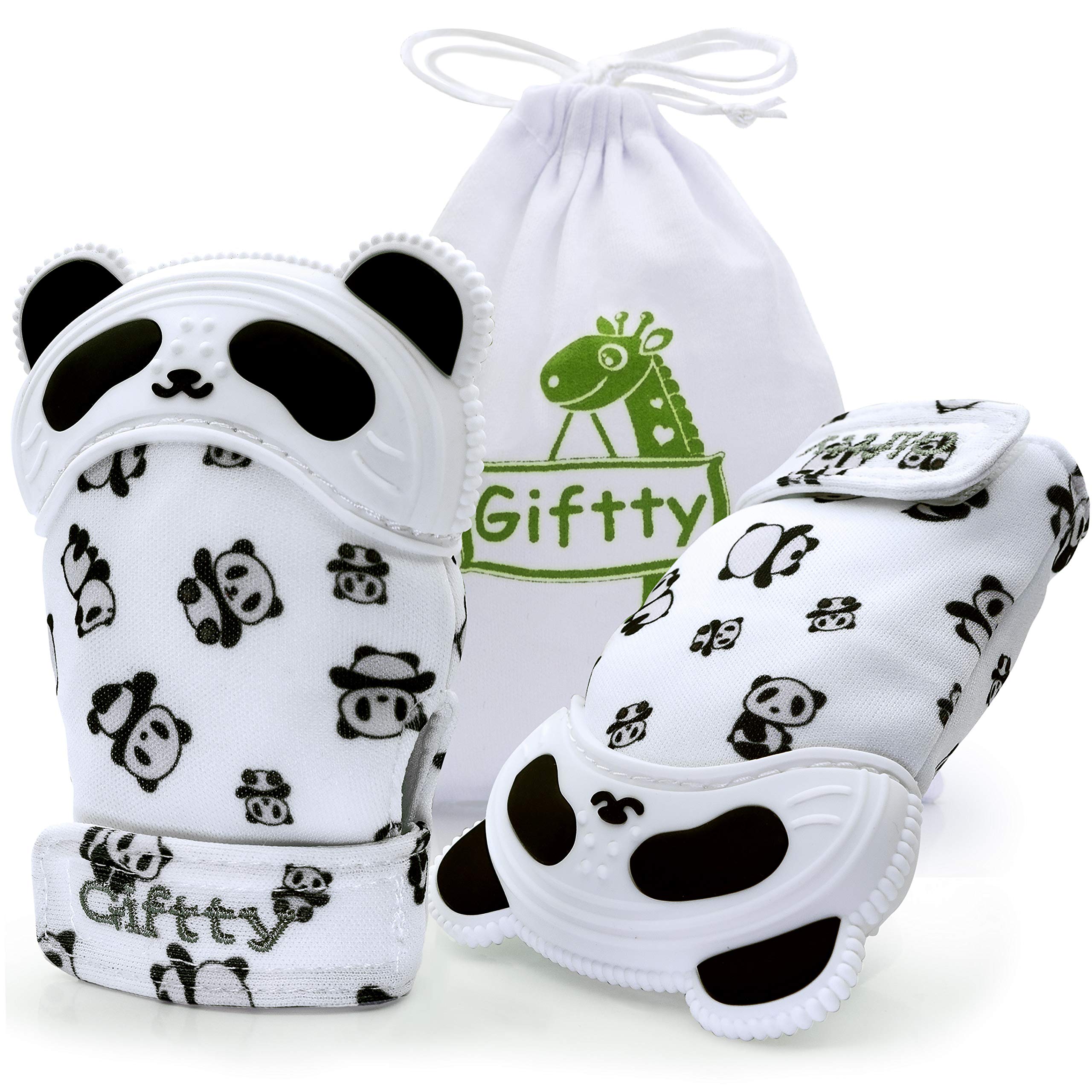 Giftty Panda Teether mitten closeup for safe gum massage.