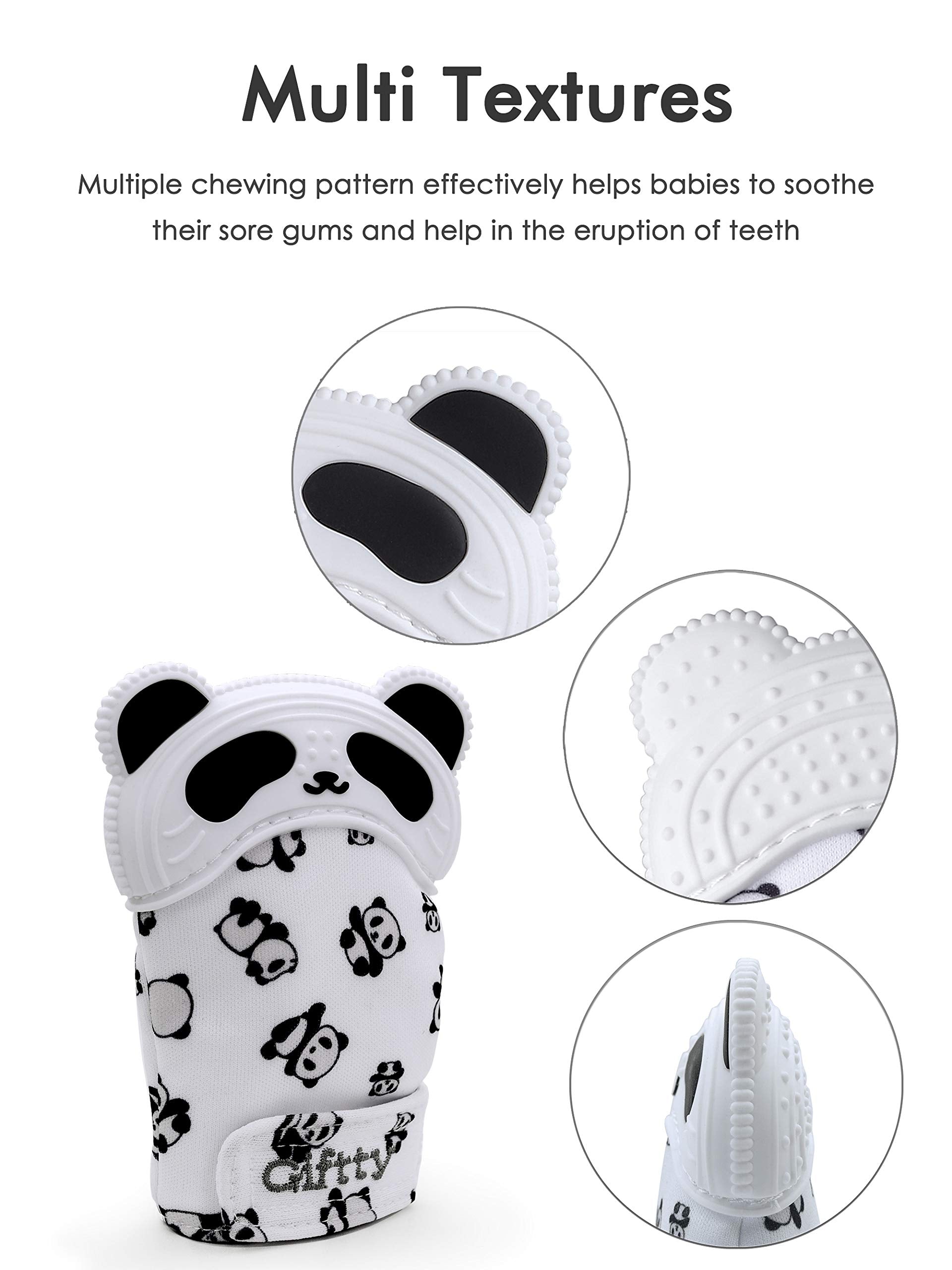 Giftty teething mitten worn on hand demonstrates easy on-the-go soothing.