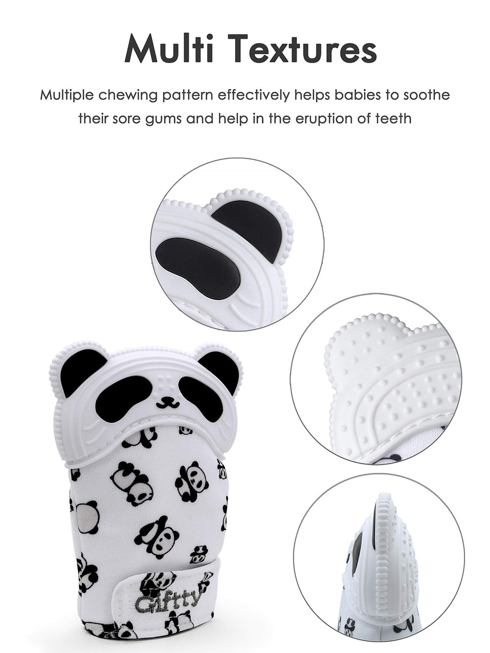 Giftty teething mitten worn on hand demonstrates easy on-the-go soothing.