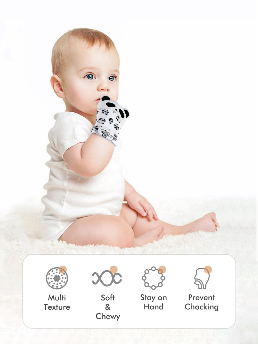 Giftty panda mitten textures provide varied tactile stimulation for curious babies.