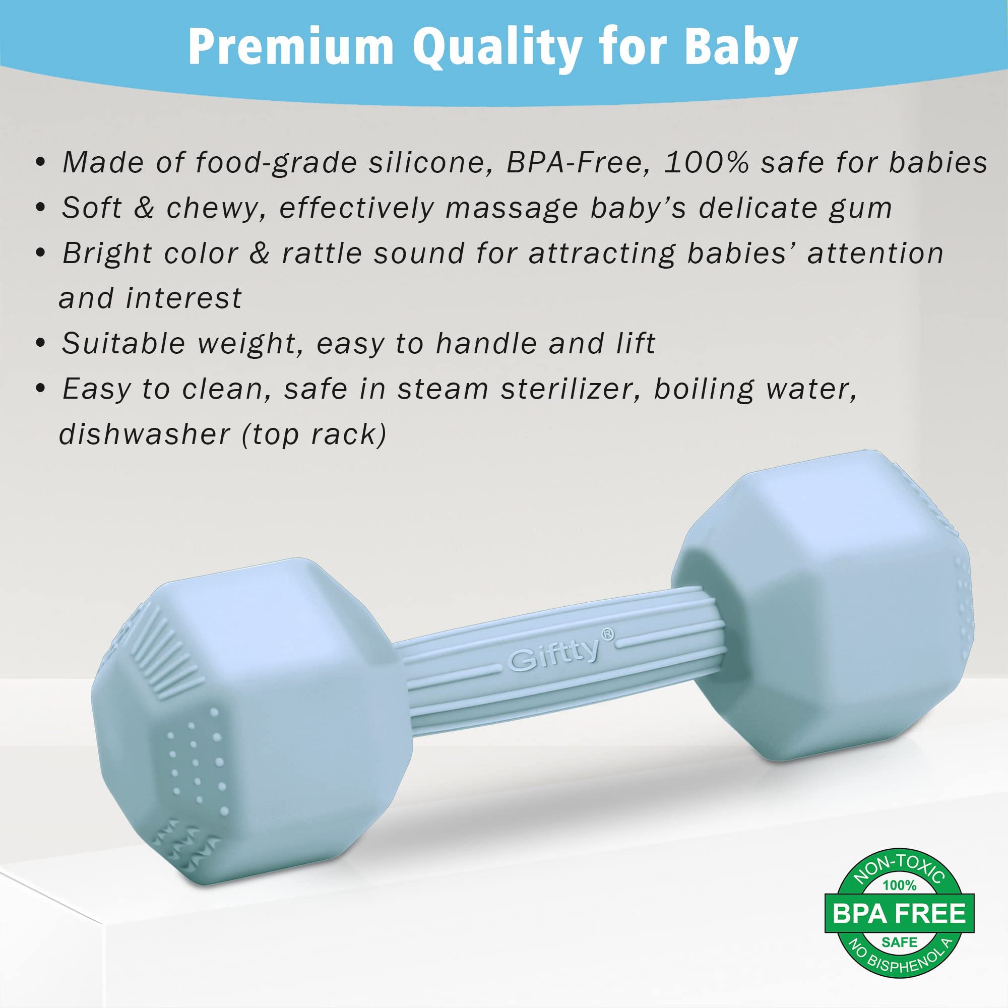 Giftty infant weight rattle toy with bright colors and a gentle sound.