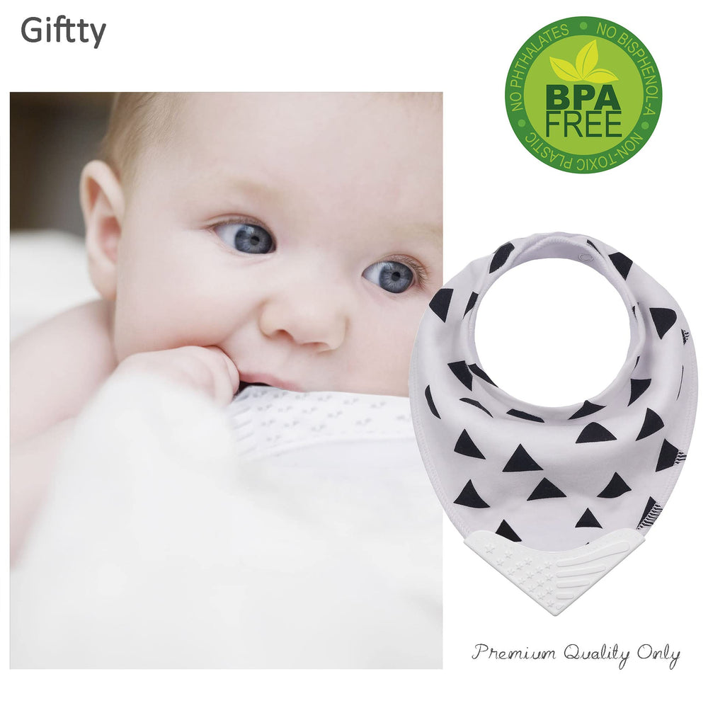 Giftty teething bib pack inside label with care and material information.