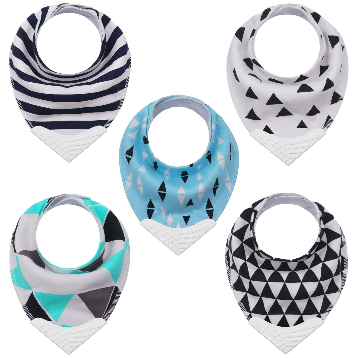 Giftty teething bib pack with silicone teether keeps messes tidy during meals.