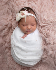 Giggle Angel flower headband with pearls enhances vintage looks.