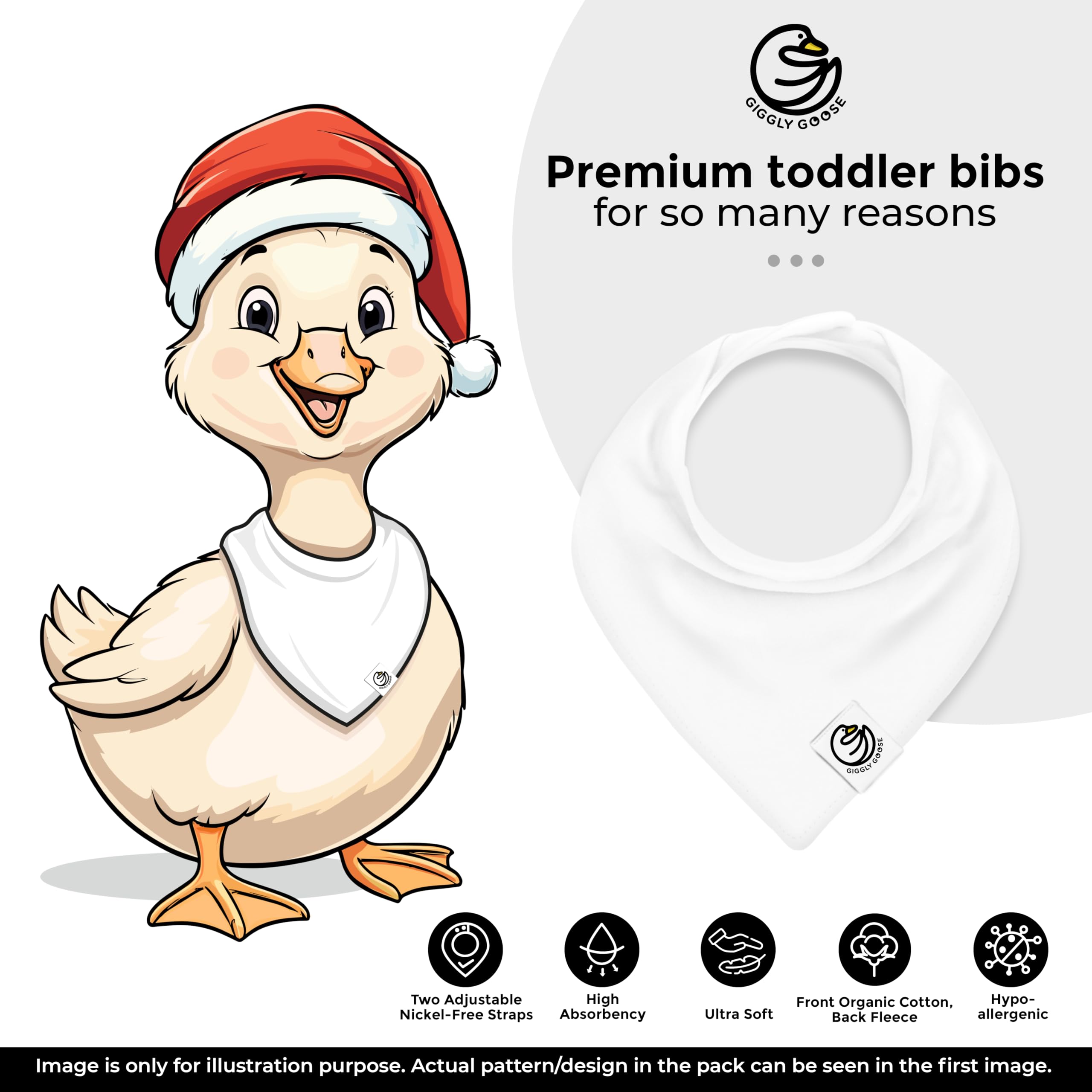 Giggly Goose bandana bib with absorbent front for drool and spills.